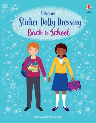 Open paperback book titled "Sticker Dolly Dressing Back to School" by Usborne Books, featuring colorful illustrations for kids.