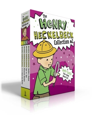 Paperback book collection featuring Henry Heckelbeck stories, including race car derby, dinosaur hunter, and spy adventures.