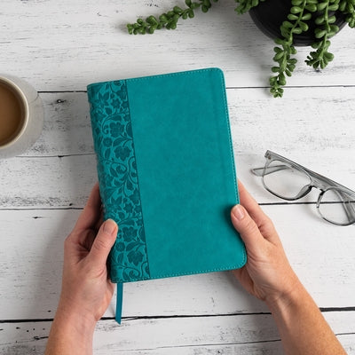 Holman NASB Large Print Personal Size Reference Bible in teal Leathertouch with indexed pages, open to a Bible passage.