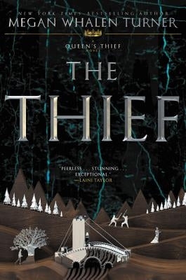 Paperback copy of "The Thief" by Greenwillow Books featuring the book cover with dark and mysterious artwork.