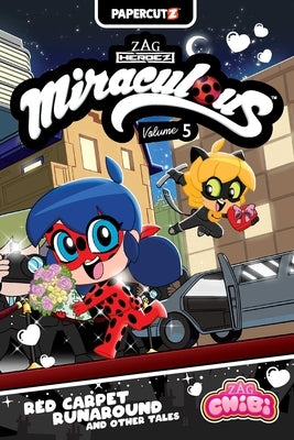 Paperback of Miraculous Chibi Vol. 5 by Papercutz featuring colorful chibi-style characters on the cover.