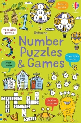 Paperback Usborne Books number puzzles and games with colorful illustrations for fun and educational math activities for children.