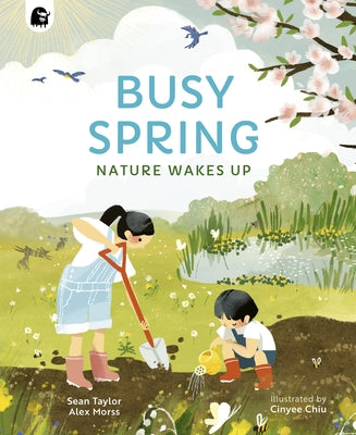 Paperback book titled "Busy Spring: Nature Wakes Up" by Happy Yak, featuring colorful springtime nature illustrations on the cover.