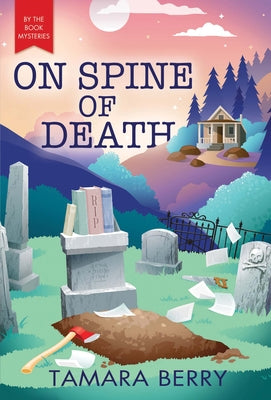 Mass market paperbound copy of On Spine of Death by Poisoned Pen Press, showing the book's cover with dark artwork and title.