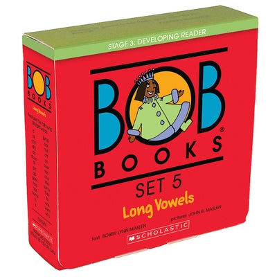 Scholastic Bob Books Long Vowels Box Set for kindergarten and first grade, featuring colorful storybooks for developing readers.