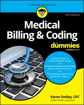 Paperback book titled "Medical Billing & Coding for Dummies" by For Dummies, featuring a colorful cover with medical and coding illustrations.