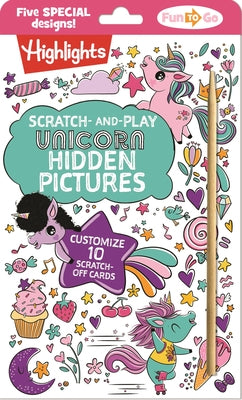Paperback Scratch-And-Play Unicorn Hidden Pictures book by Highlights Press featuring colorful unicorn illustrations and hidden images.
