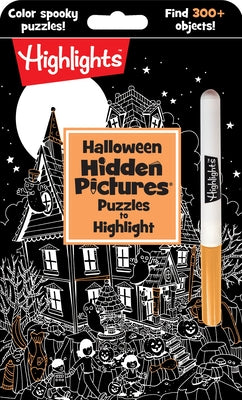 Halloween Hidden Pictures puzzle book by Highlights Press featuring colorful Halloween scenes with over 300 hidden objects to find.