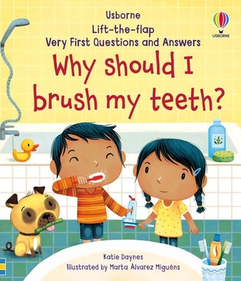Usborne Books' "Very First Questions and Answers: Why Should I Brush My Teeth?" board book showing colorful illustrations for young children.