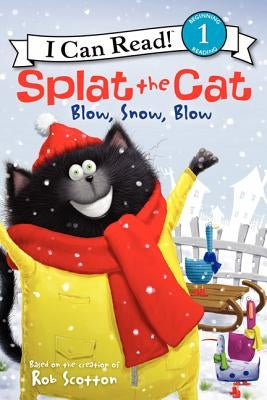 Paperback copy of "Splat the Cat: Blow, Snow, Blow" winter holiday book by HarperCollins, featuring colorful cat illustrations.