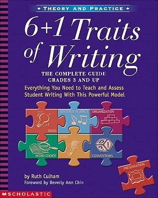 Paperback book titled "6 + 1 Traits of Writing" by Scholastic Teaching Resources, with colorful cover design for grades 3 and up.