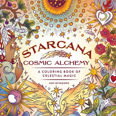 Open paperback coloring book titled "Starcana: Cosmic Alchemy" by Castle Point Books, featuring celestial magic illustrations.