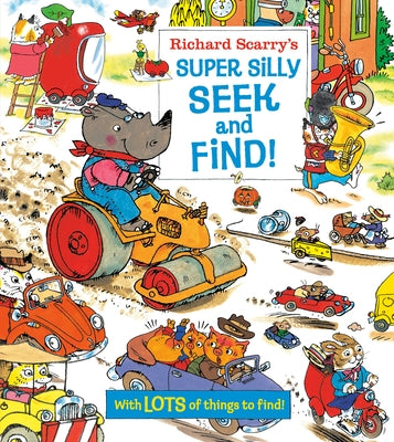 Richard Scarry's Super Silly Seek and Find! board book by Golden Books with colorful illustrated pages for children.