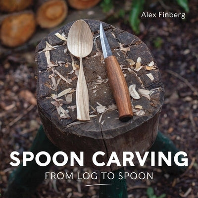 Paperback book titled "Spoon Carving: From Log to Spoon" by Crowood Press, showing a carved wooden spoon on the cover.