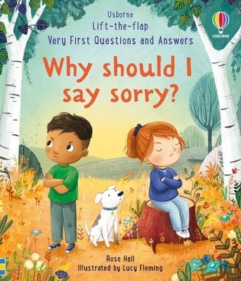 Colorful Usborne Books "Very First Questions & Answers" board book about why children should say sorry, with illustrations of kids and apology scenes.