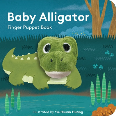 Baby alligator finger puppet board book by Chronicle Books featuring colorful illustrations of a playful baby alligator.