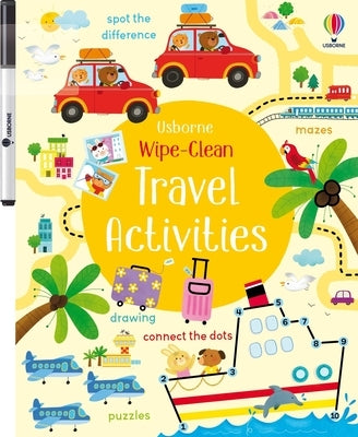 Paperback Wipe-Clean Travel Activities book by Usborne Books with colorful pages for kids’ interactive learning and fun.