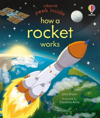 Board book titled "Peek Inside How a Rocket Works" by Usborne Books, featuring colorful illustrations of a rocket and space scenes.