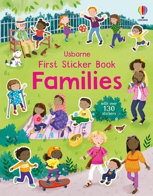 Paperback First Sticker Book Families by Usborne Books featuring colorful family-themed stickers and illustrations for children.