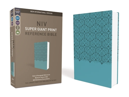 Blue imitation leather NIV Super Giant Print Reference Bible with red letter edition by Zondervan, showing the cover and spine.