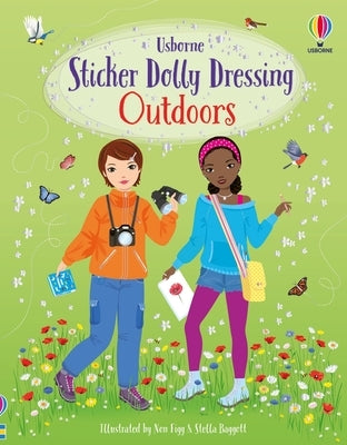 Paperback Sticker Dolly Dressing Outdoors book by Usborne Books featuring colorful outdoor-themed stickers and scenes for creative play.