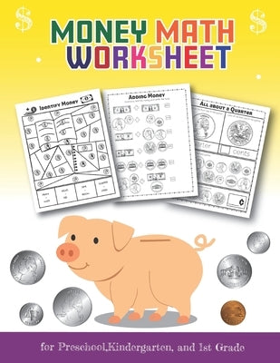 Paperback money math worksheet book for preschool to 1st grade, featuring fun educational designs for boys and girls.