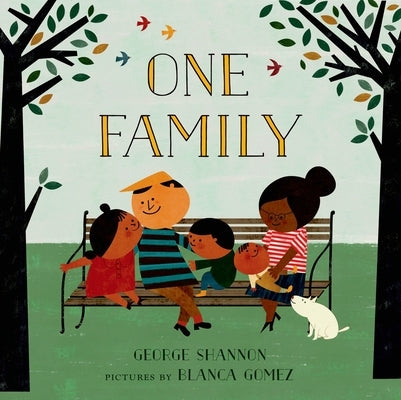 Close-up of the colorful cover of the "One Family" board book by Farrar, Straus and Giroux, featuring diverse family illustrations.