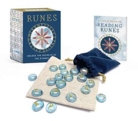 Paperback book titled "Runes: Unlock the Secrets of the Stones" by Rp Minis, featuring a cover with rune symbols and mystical artwork.