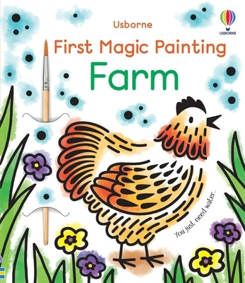First Magic Painting Farm paperback book by Usborne Books showing colorful farm scenes and magical painting pages inside.