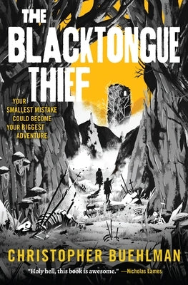 Paperback of The Blacktongue Thief by Tor Books, featuring dark fantasy cover art with a mysterious figure and medieval landscape.