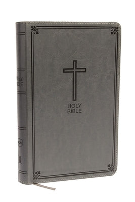 Thomas Nelson NKJV Deluxe Gift Bible in gray imitation leather with red-letter edition, open to pages showing text and ribbon marker.