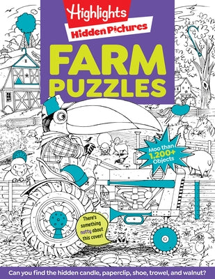 Farm puzzles activity book by Highlights Press featuring colorful farm scenes and over 1,200 objects to find for kids age 6+.
