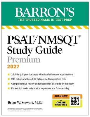 Barrons Psat/NMSQT Premium Study Guide paperback with practice tests, comprehensive review, and online drills for 2027 exam preparation.