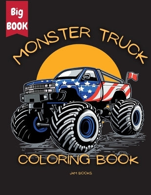 Coloring book cover for Monster Truck Mania for kids, featuring colorful illustrations of monster trucks and kids coloring.