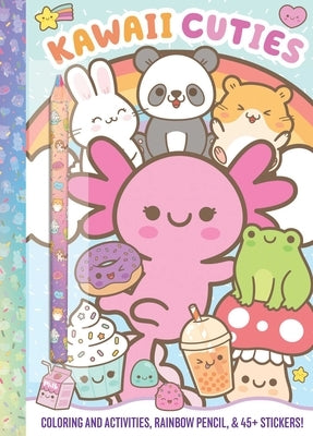 Paperback Kawaii Cuties coloring book by Silver Dolphin Books featuring adorable characters and a rainbow pencil for coloring.