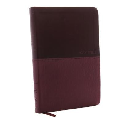 Thomas Nelson NKJV Value Thinline Bible with large print, burgundy imitation leather cover, red letter edition, open pages visible.