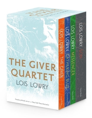 Paperback box set of The Giver Quartet by Clarion Books, featuring four dystopian novels with colorful cover art.