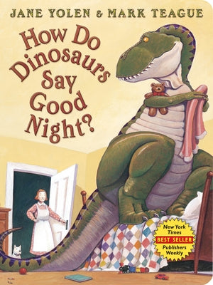 Board book titled "How Do Dinosaurs Say Good Night?" by Blue Sky Press, featuring colorful dinosaur illustrations for children.