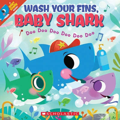 Paperback Baby Shark book titled "Wash Your Fins" by Cartwheel Books, featuring colorful illustrations of Baby Shark characters.