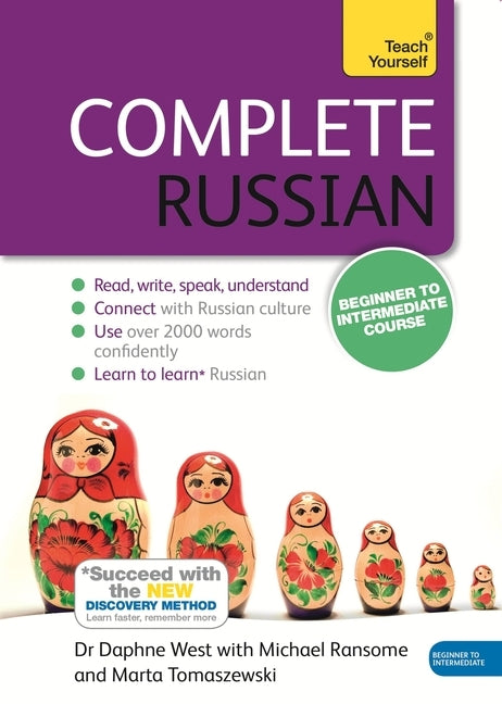 Paperback Russian language course book by Teach Yourself for beginners to intermediates, focusing on reading, writing, speaking, and understanding.