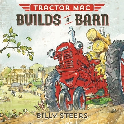 Paperback copy of Tractor Mac Builds a Barn children’s book by Farrar, Straus and Giroux, featuring colorful illustrations of tractors and a barn.