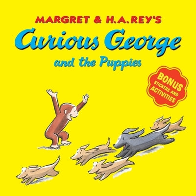 Paperback of Curious George and the Puppies by Clarion Books, featuring colorful cover art and bonus stickers.