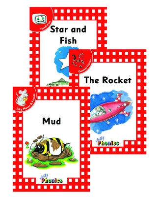 Jolly Phonics Readers Level 1 in print letters, American English edition, paperback book set with colorful illustrated pages