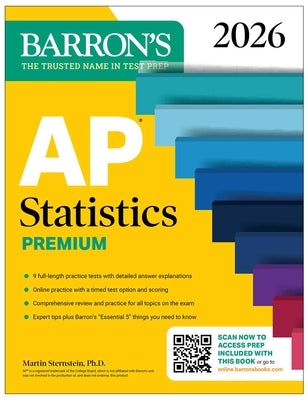 Barrons AP Statistics Premium 2026 prep book paperback with practice tests and review for AP exam success.