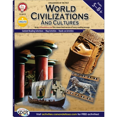 Paperback book titled "World Civilizations and Cultures" for grades 5-8 by Mark Twain Media, featuring colorful cover art.