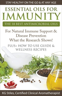 Paperback book titled "Essential Oils for Immunity" by Health Mastery Press, featuring antimicrobial oils for immune support and disease prevention.
