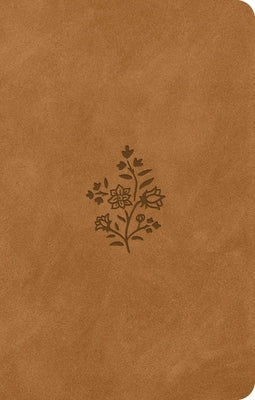 ESV Premium Gift Bible by Crossway with Trutone Nubuck Caramel cover and Wildflower design, open to show pages and decorative cover.