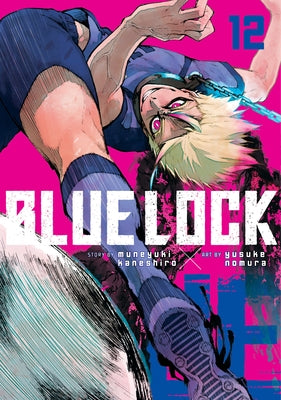 Blue Lock 12 paperback manga by Kodansha Comics, featuring cover art with dynamic characters and vibrant blue tones.
