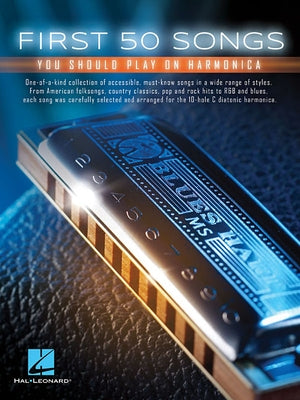 Paperback book titled "First 50 Songs You Should Play on Harmonica" by Hal Leonard Publishing Corporation, with sheet music pages visible.