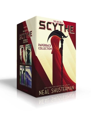 Boxed set of The Arc of a Scythe paperback collection by Simon & Schuster, featuring Scythe, Thunderhead, The Toll, and Gleanings.